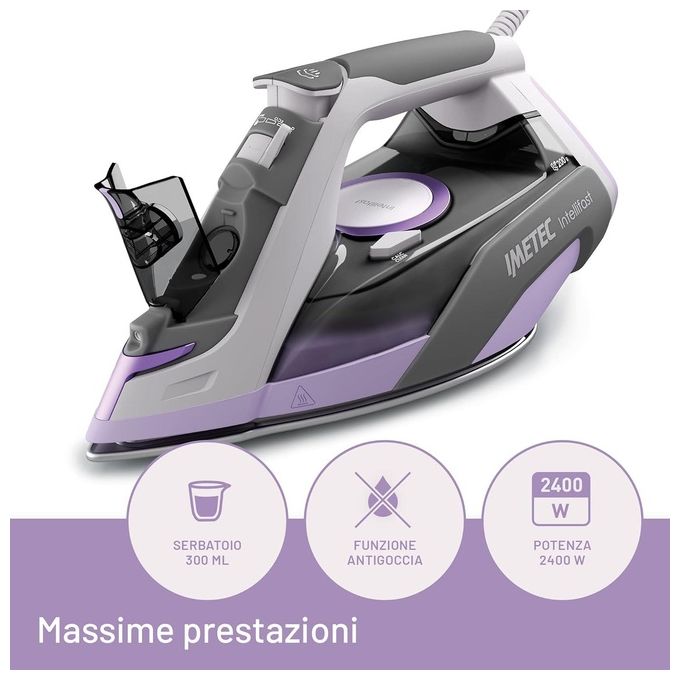 Imetec 9030 Intellifast Ferro da stiro a vapore 2400W Piastra Ceramic Diamond Colpo Vapore 200 g-min Sistema Anticalcare colore Grigio Rosa