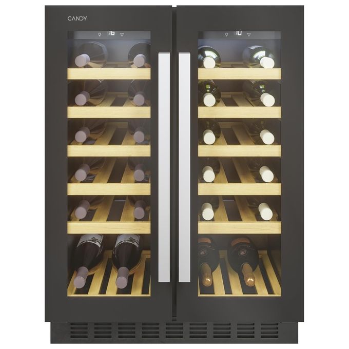 Candy CCVB 60D-1 DiVino – Cantinetta Vino da Incasso 38 bottiglie, 2 zone, Classe G, 39 dB, ripiani legno, colore Nero