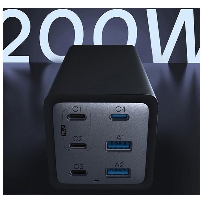 Conceptronic OZUL06BE Caricatore USB PD 3.1 a 6 Porte 200 W con Tecnologia GaN e Cavo USB-C Incluso colore Nero