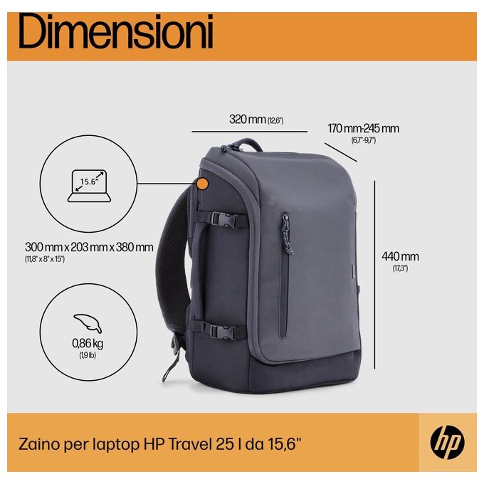 HP 6H2D8AA Travel Zaino Porta PC 15.6'' Poliestere Resistente all'Acqua 25 L espandibile 30 L colore Grigio