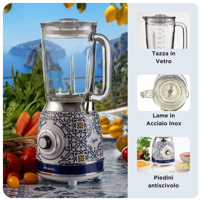 Ariete 00C05830CAR0 Capri Frullatore da tavolo 1,5 L 4 Lame Acciaio Inox 4 Velocita' Pulse 1000 W colore Bianco Azzurro