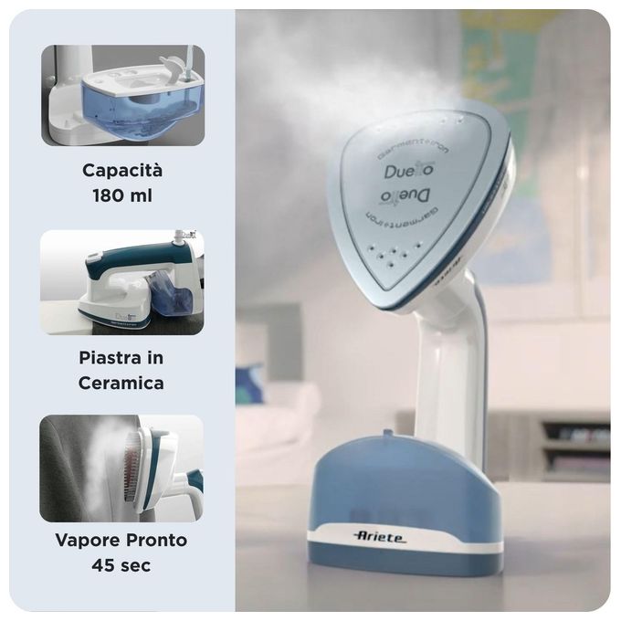 Ariete 6246 Duetto Garment Iron Stiratrice a Vapore Verticale e Ferro da Stiro con Piastra in Ceramica Antiaderente 1000W Bianco-Blu