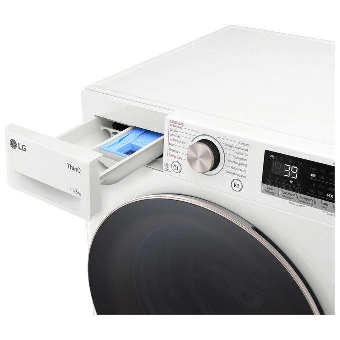 LG D4R7011TSWG Serie R7 Lavasciuga 11-6 Kg 1400 rpm Classe D TurboWash 360 Vapore AI DD Allergy Care Wi-Fi (85x60x56.5 cm) colore Bianco