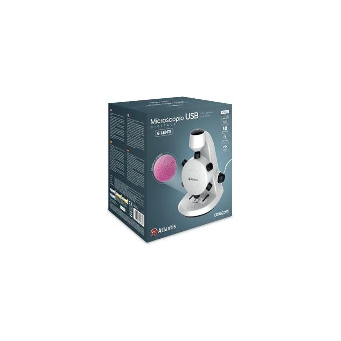 Atlantis E45-MS737 Microscopio Digitale USB Risoluzione UXGA 1600x1200 6 Torrette di Ingrandimento da 100x a 600x CMOS Illuminazione Superiore e Inferiore colore Nero