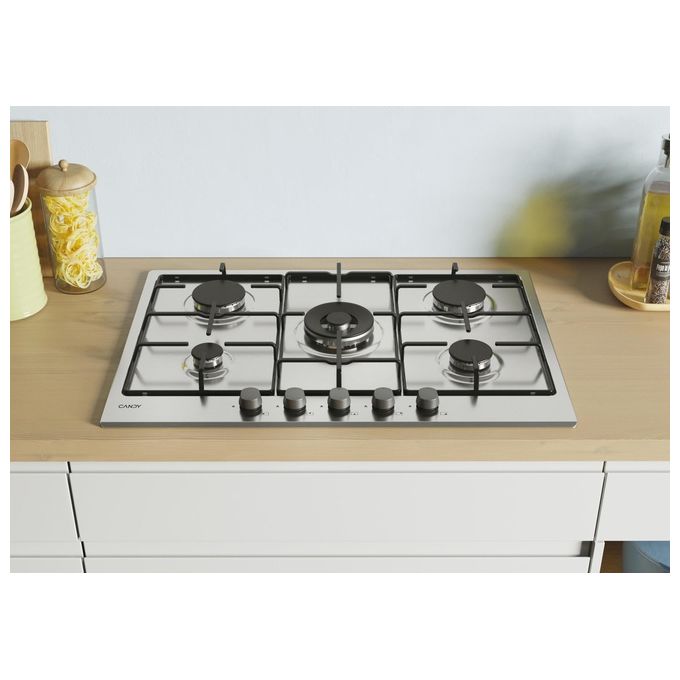 Candy CHW74WX - Piano cottura a gas 5 zone, (75 cm), Acciaio Inox