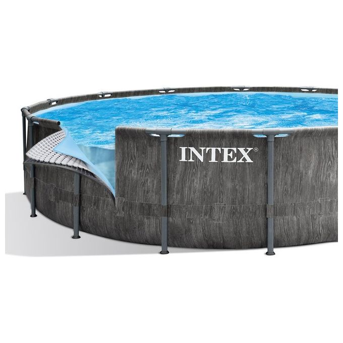 Intex 26744 Prism Frame Greywood Piscina Fuori Terra Rotonda 549x122 cm 24311 L con Pompa Filtro Scaletta e Teli colore Grigio