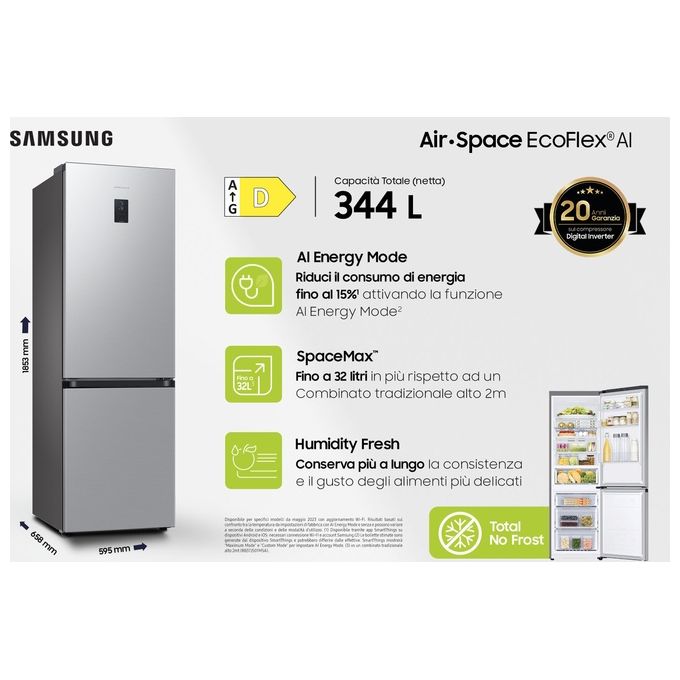 Samsung RB34C672DSA EcoFlex AI Frigorifero Combinato 344 L 185 cm Classe D 35 dB No Frost Wi-Fi colore Silver Inox