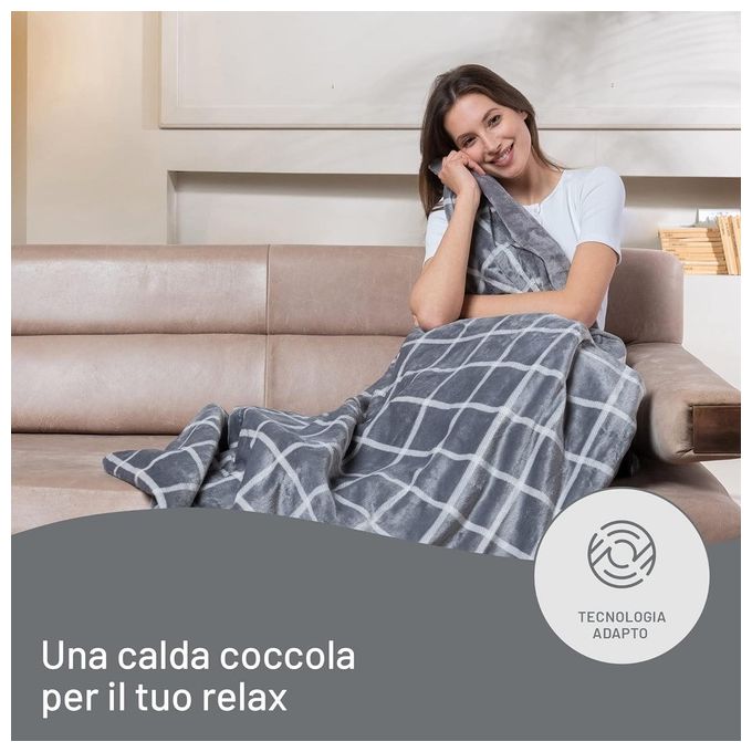 Imetec 16775 Adapto Velvet Square Plaid Riscaldabile 150x95 cm 150W 6 Temperature Timer Lavabile in Lavatrice colore Grigio Bianco