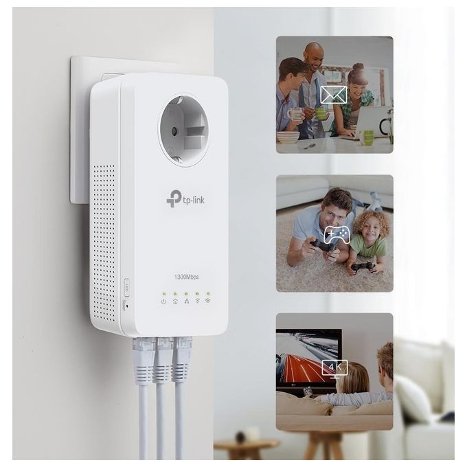 TP-Link TL-WPA1300PKITDE Kit di Networking Powerline Velocita' fino a 1300 Mbit-s Wi-Fi 5 3 Porte Gigabit Ethernet con Presa Integrata colore Bianco