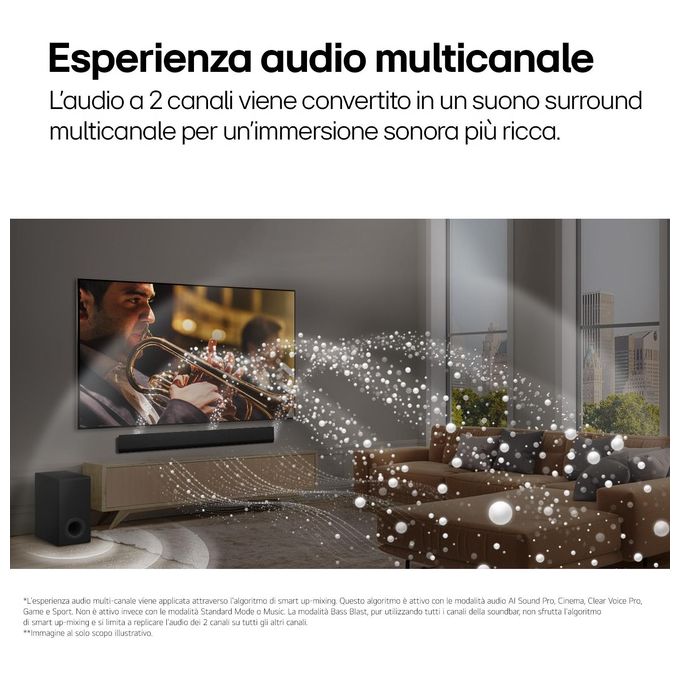 LG SG10TY Soundbar TV 3.1 Canali 420W Dolby Atmos Wi-Fi Subwoofer Wireless Design a Filo Muro 3.25cm colore Nero