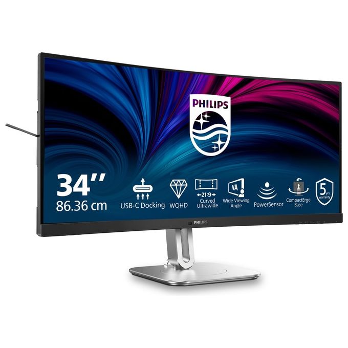 Philips 34B2U5600C 5000 Series Monitor PC Curvo 34'' UWQHD 3440x1440 120Hz VA USB-C 100W RJ45 Hub USB KVM colore Grigio