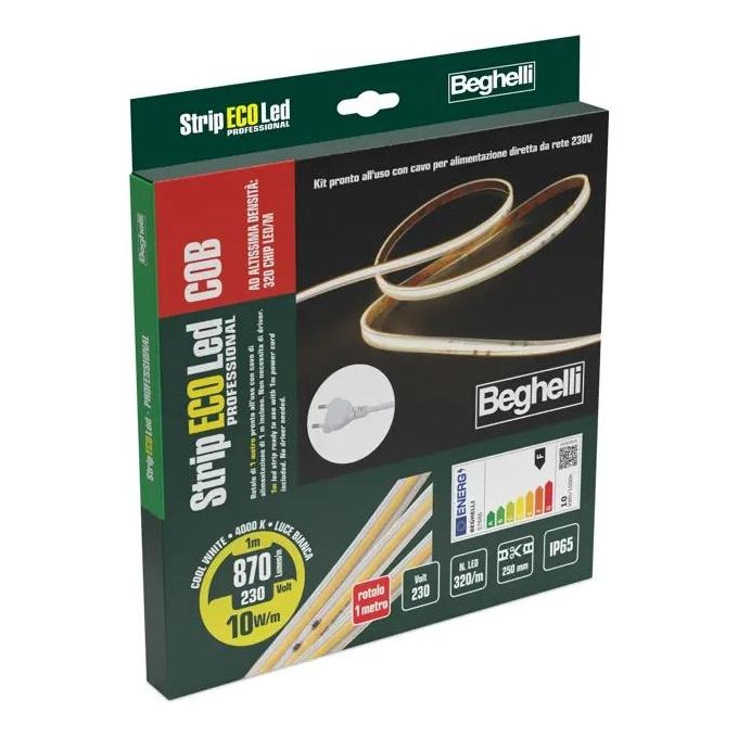Beghelli Strip Led 1mt 230v 10w-mt 4000k 1mt 10w-mt Completa di Spina 10a con Taglio ogni 25cm
