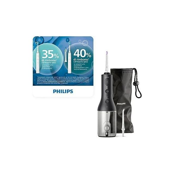 Philips HX3826-33 Sonicare Power Flosser 3000 Irrigatore Orale Cordless Quad Stream 2 modalita' 3 intensita' 250 ml autonomia 14 giorni colore Nero