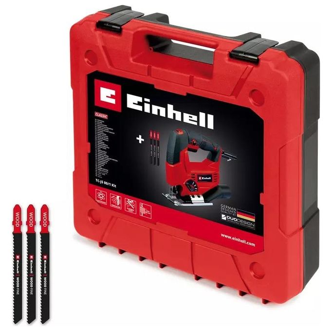 Einhell 4321157 TC-JS 80-1 Kit Seghetto alternativo 550 W 3000 min-1 profondita' taglio 80 mm legno 10 mm acciaio movimento pendolare 4 livelli cambio lama senza attrezzi attacco aspirazione 36 mm colore Nero