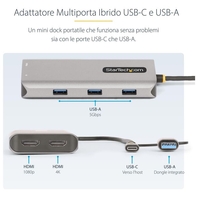 StarTech.com 167B-USBC-MULTIPORT Adattatore Multiporta USB-C Doppio HDMI 4K30Hz Hub USB-A 3 Porte 5Gbps Cavo 40 cm colore Argento