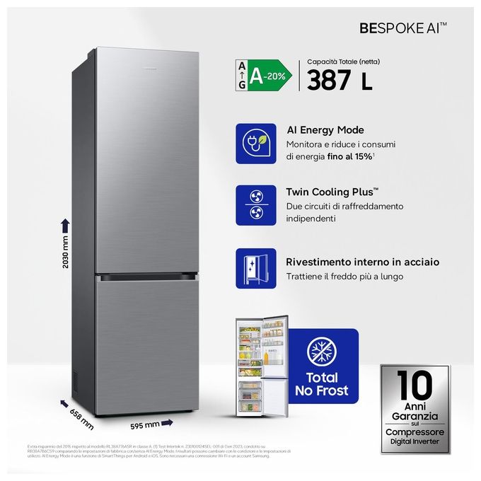 Samsung RB38C7AGWS9-EF Frigorifero Combinato 387 L 203 cm Classe A 29 dB No Frost Twin Cooling Wi-Fi colore Silver
