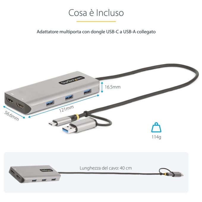 StarTech.com 167B-USBC-MULTIPORT Adattatore Multiporta USB-C Doppio HDMI 4K30Hz Hub USB-A 3 Porte 5Gbps Cavo 40 cm colore Argento