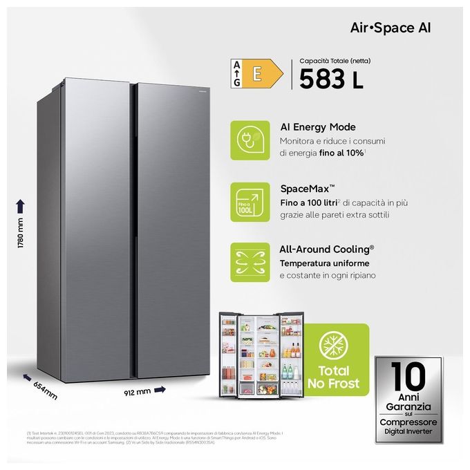 Samsung RS57DG400EM9EF Air Space AI Frigorifero Side by Side 583 L 178 cm Classe E 37 dB No Frost Wi-Fi SpaceMax (178x91.2x71.6 cm) colore Acciaio Inox