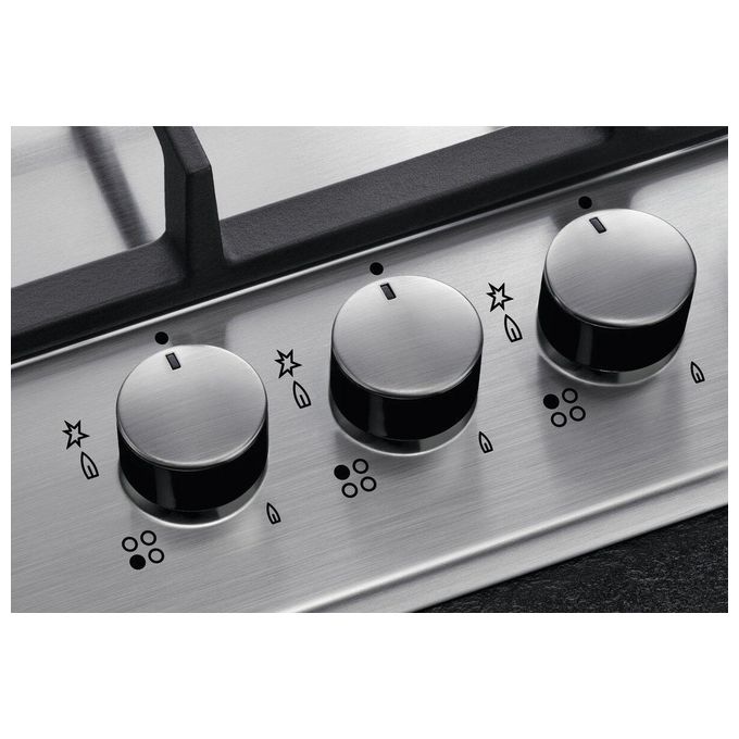 Aeg HGB75400SM Piano Cottura a Gas 75cm 5 Bruciatori 1 Bruciatore Wok Tripla Corona Inox con Cruscotto Comandi in Cristallo