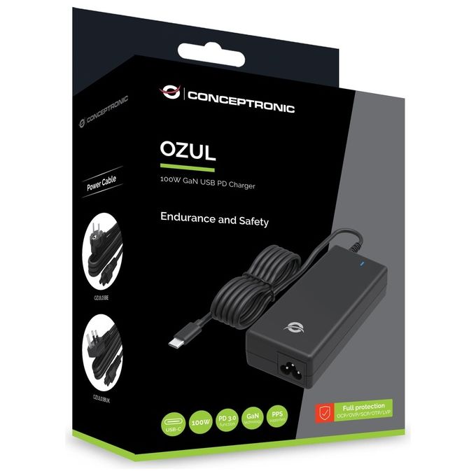 Conceptronic OZUL03BE Alimentatore Universale Notebook USB-C 100W GaN PD 3.0 PPS colore Nero