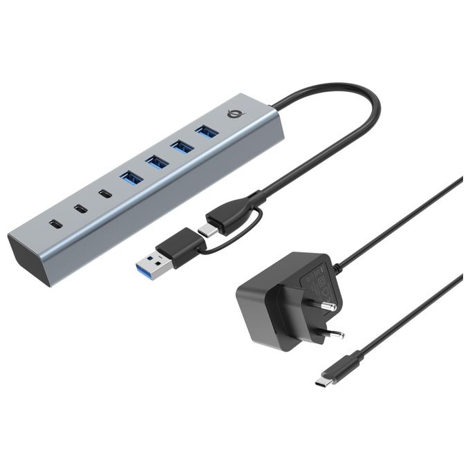Conceptronic HUBBIES20GP Hub USB 3.2 Gen 1 a 7 porte 5 Gbps con alimentatore incluso colore Grigio