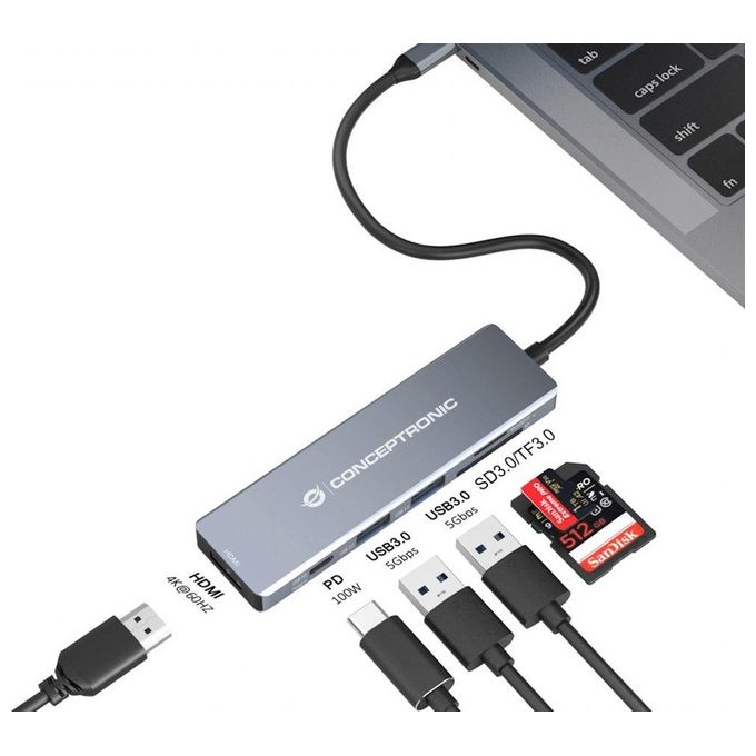 Conceptronic DONN23G Docking Station 6 in 1 USB 3.2 Gen 1 USB 3.0 x 2 100 W USB PD HDMI 4K 60Hz SD TF MicroSD colore Grigio