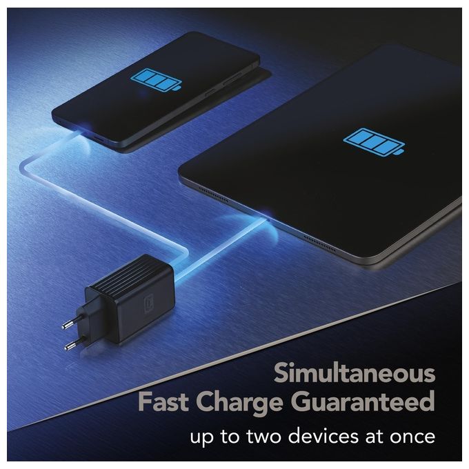Cellularline ACHUSBGAN2PD45WK Multipower Micro Caricabatterie da Rete 45W 2 Porte USB GaN Super Fast Charging colore Nero