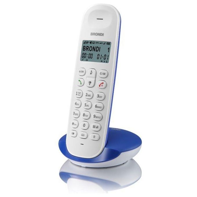 Brondi LOTUS Telefono Cordless ECO DECT GAP Rubrica 50 Contatti Sveglia ID Chiamate Fino 5 Portatili colore Bianco Blu