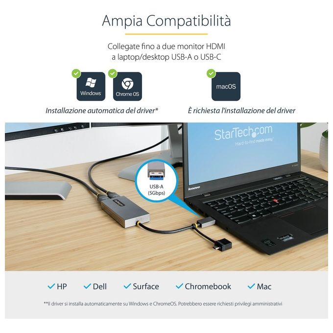 StarTech.com 107B-USB-HDMI Adattatore USB 3.0 a Doppio HDMI Risoluzione 4K30Hz e 1080p Cavo Integrato 11cm USB-A e USB-C colore Grigio