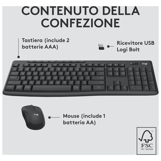Logitech 920-012069 MK370 Combo for Business Kit Tastiera e Mouse Wireless Full-Size QWERTY Italiano Logi Bolt Bluetooth colore Grafite