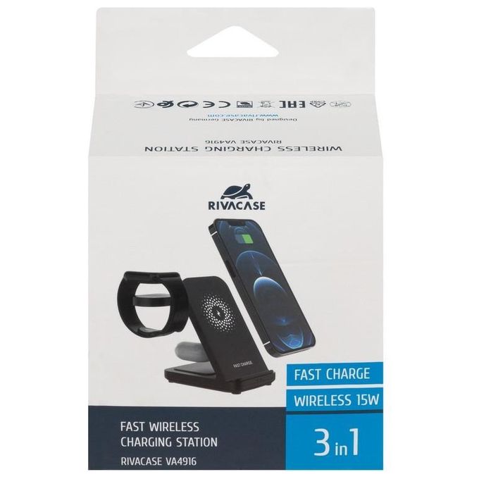 RivaCase VA4916 Caricatore Stand Wireless 3 in 1 Compatibile con iPhone Samsung e Apple Watch 15 W colore Nero