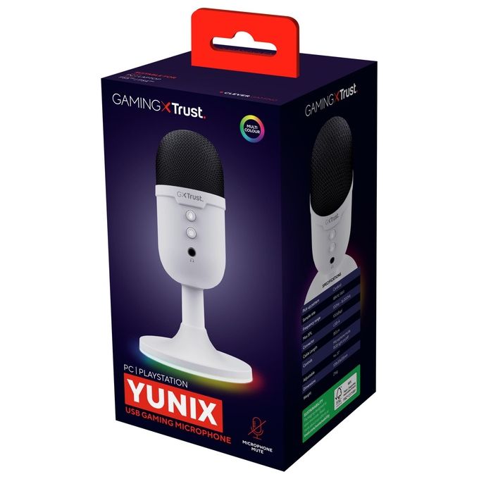 Trust S9913958 GXT 234W Yunix Microfono USB da Tavolo con Pattern Cardioide Filtro Pop Integrato e Illuminazione RGB Uscita Cuffie Pulsante Mute colore Bianco