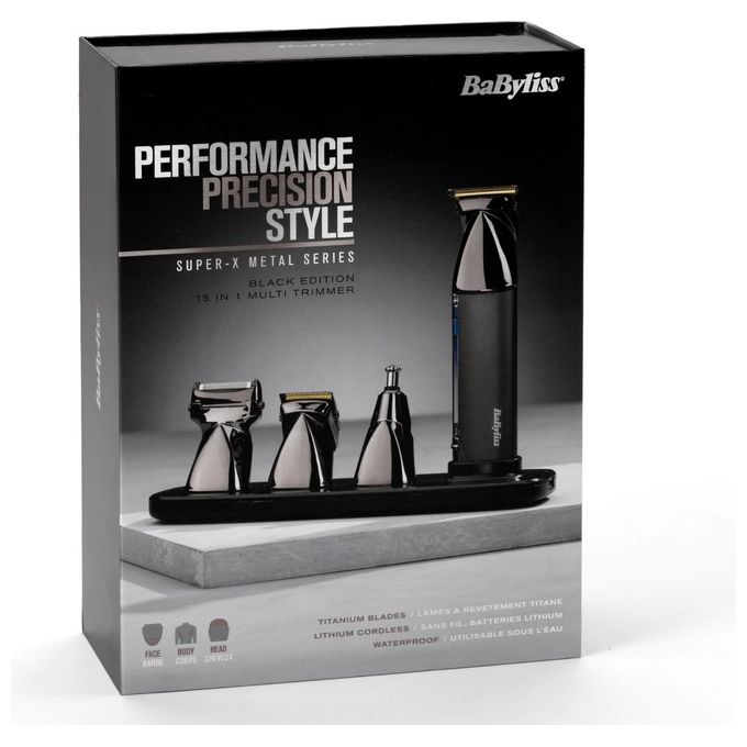 BaByliss MT991E Super X Metal Regolabarba Multi Trimmer 15 in 1 Ioni di Litio 300 min Bagnato e Secco colore Nero e Cromato