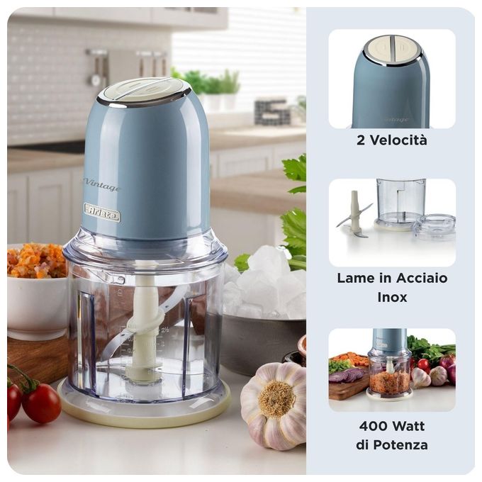 Ariete 438 Vintage Tritatutto Elettrico 4 Lame Acciaio Inox 2 Velocita' 0.6 L 400W colore Celeste