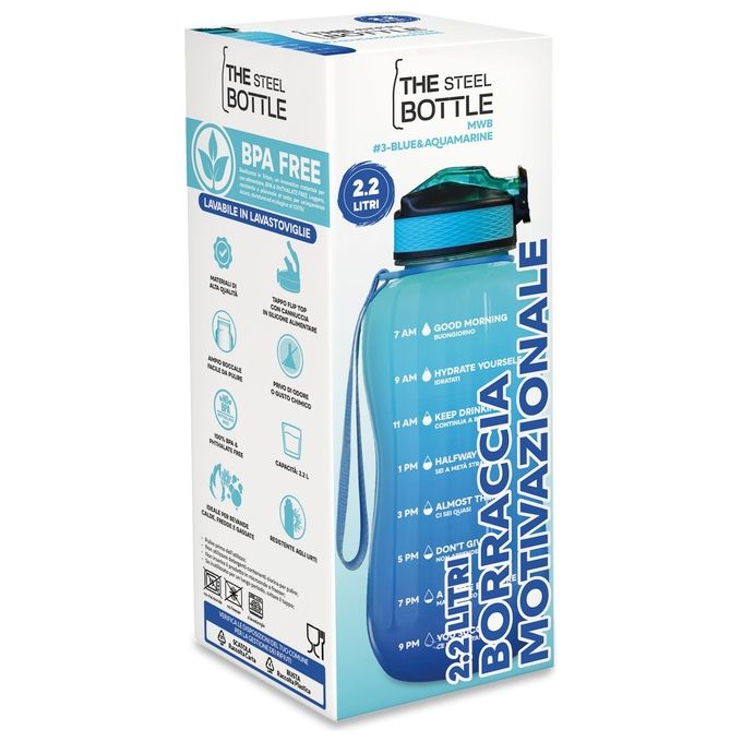 The Steel Bottle MWB NO3 Borraccia Motivazionale 2200 ml Tritan BPA Free Tappo Flip Top colore Blu Acquamarine