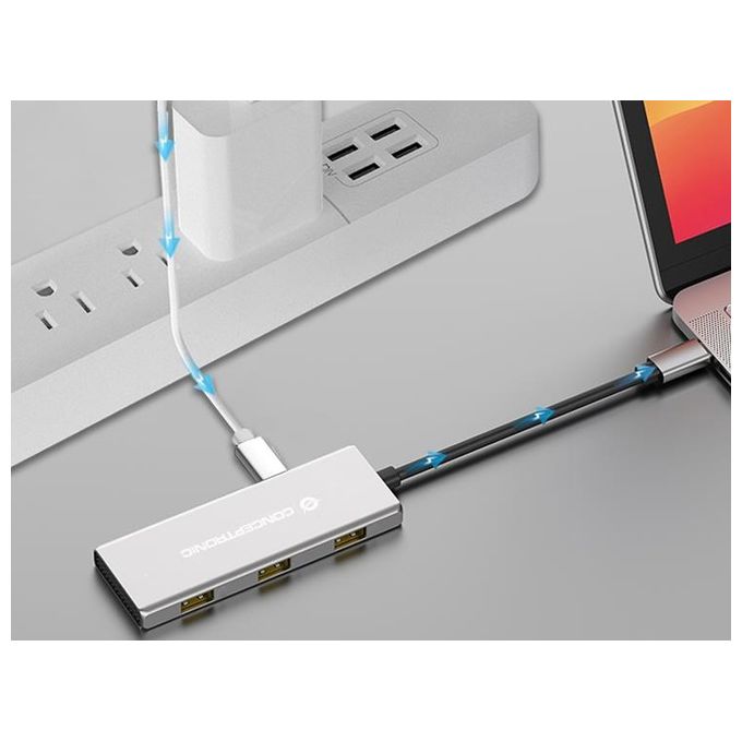 Conceptronic HUBBIES17G Hub USB 3.2 Gen 2 Type-C 7 Porte 3xType-A 4xType-C 10000 Mbit-s Power Delivery 100W colore Grigio