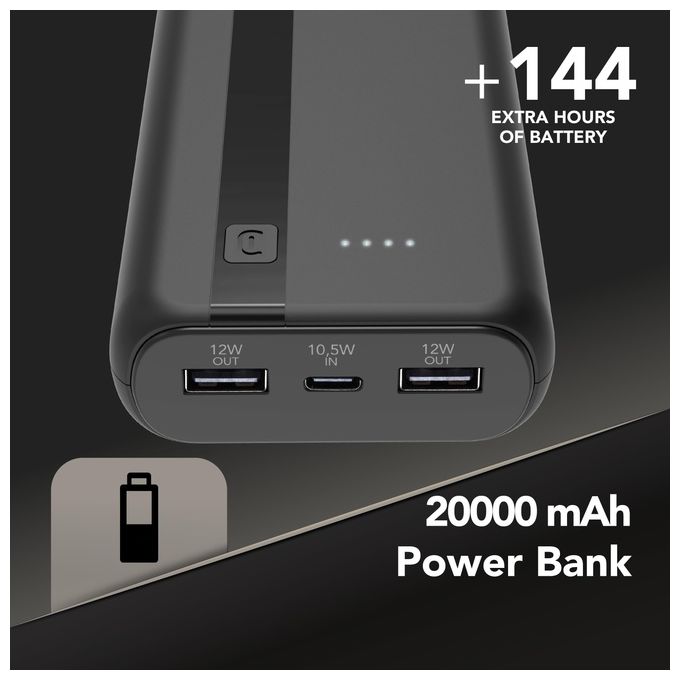 Cellularline PBENTRY20000K Power Bank 20000 mAh USB-C Input 10.5W 2 USB Output 12W Ioni di Litio LED colore Nero