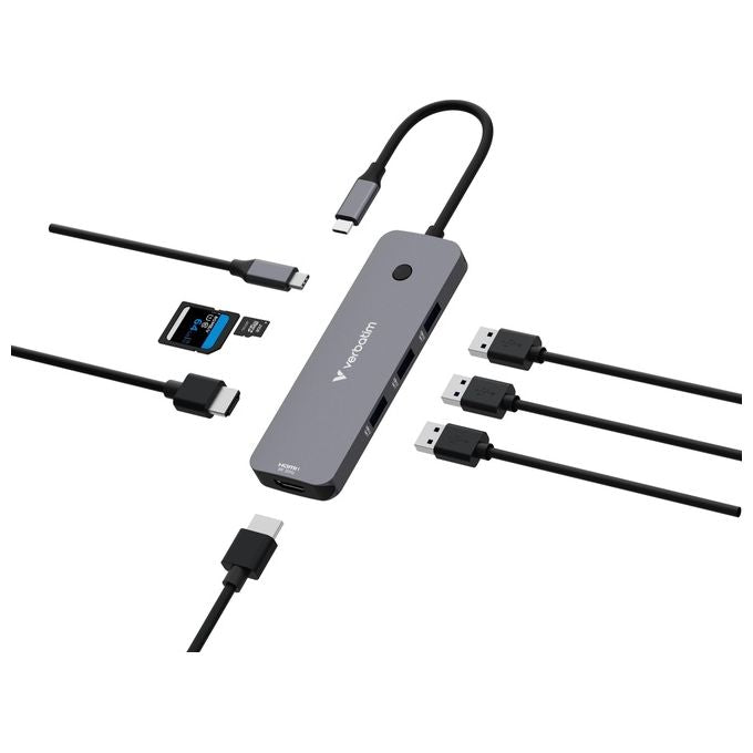 Verbatim 32151 CMH-08 Hub Multiporta USB-C 8 Porte 2 HDMI 8K 3 USB-A 3.2 Gen1 Lettore SD microSD USB-C PD 85W colore Argento