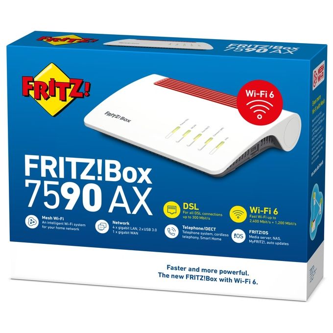 FRITZ! 20002999 FRITZ!Box 7590 AX Modem Router Wi-Fi 6 Dual Band 2400 Mbit-s 4 Porte Gigabit VDSL ADSL Mesh DECT colore Bianco