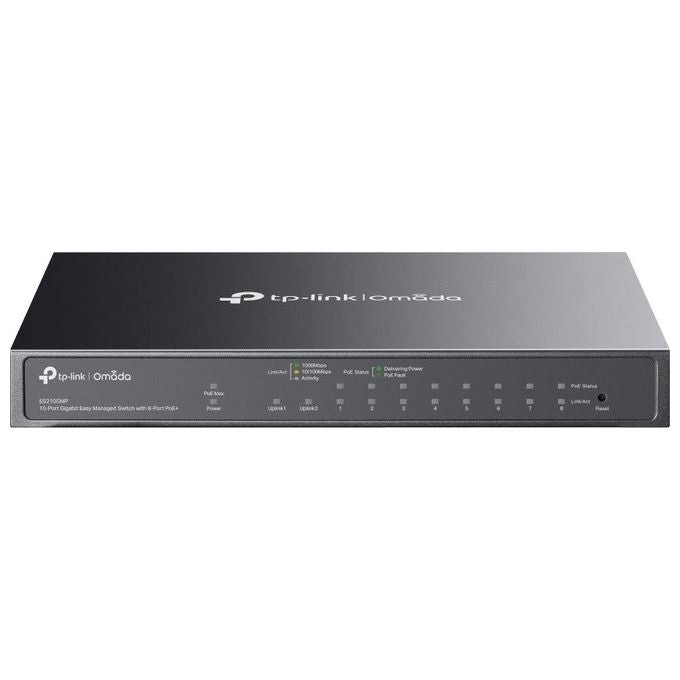 TP-Link ES210GMP Omada Switch Gestito 10 Porte Gigabit 8 Porte PoE+ 123W Budget 20 Gbps Fanless colore Nero