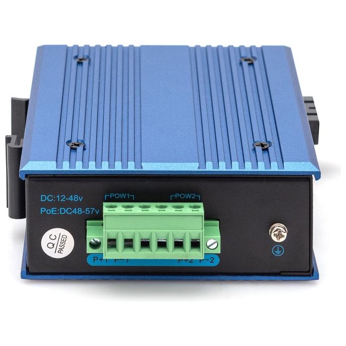 Digitus DN-95366 Convertitore Multimediale Industriale Gigabit PoE 1 porta RJ45 1 porta SFP 10-100-1000 Mbps 30W PoE Alimentazione Ridondante Montaggio su Guida DIN IP40 colore Nero Blu
