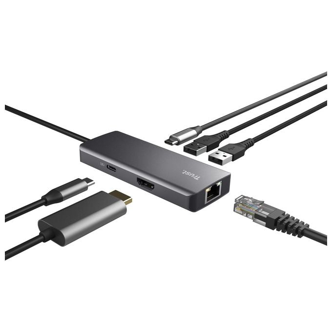 Trust 24968 Dalyx Adattatore Multiporta USB-C 6 in 1 HDMI 4K 60Hz Gigabit Ethernet 2 USB-A 2 USB-C 100W colore Argento