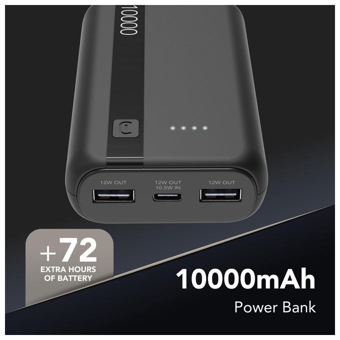 Cellular Line Power Bank 10000 mAh Input USB-C 10.5W Output 2xUSB 12W Li-ion LED luminosi indicano carica residua Nero