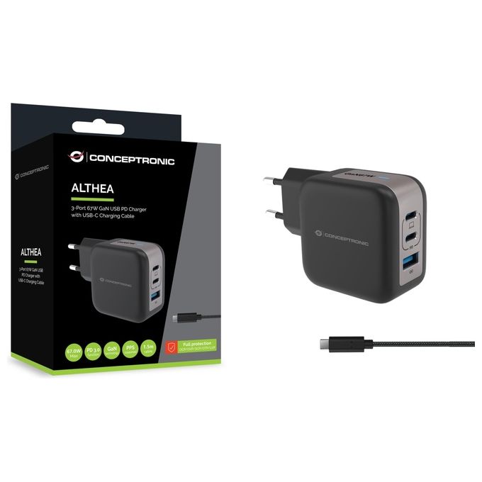 Conceptronic ALTHEA17B Caricabatterie USB GaN 3 porte 67W Power Delivery 3.0 Quick Charge 3.0 2x USB-C 1x USB-A colore Nero