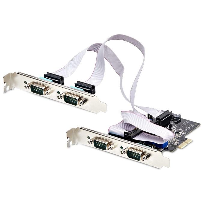 StarTech PS74ADF-SERIAL-CARD Scheda Seriale PCIe a 4 Porte RS232 RS422 RS485 DB9 con Chipset Asix AX99100 UART 16C1050 Alimentazione Configurabile SATA Staffa Standard e a Basso Profilo Compatibile Windows Linux Protezione ESD colore Nero