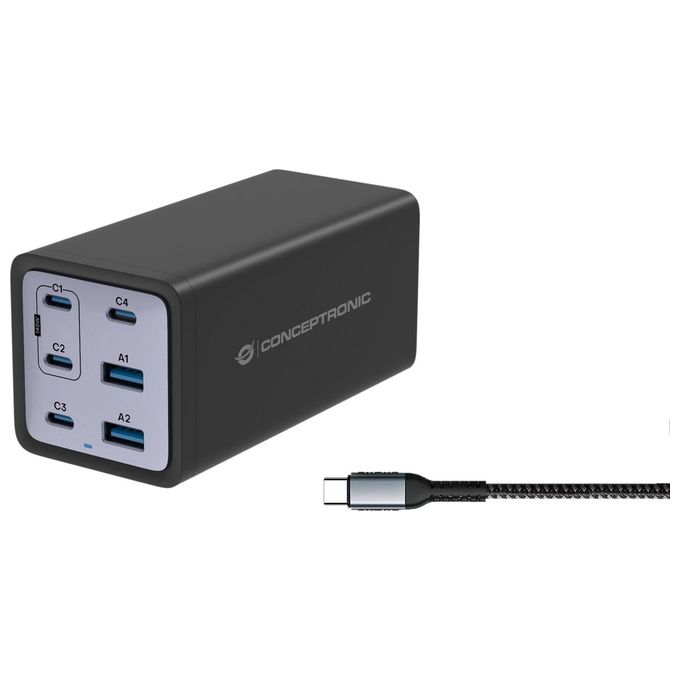 Conceptronic OZUL06BE Caricatore USB PD 3.1 a 6 Porte 200 W con Tecnologia GaN e Cavo USB-C Incluso colore Nero
