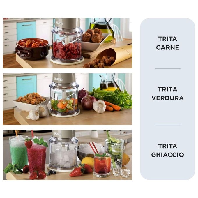 Ariete 0438 Vintage Tritatutto Chopper Tritaghiaccio 400 W 600 ml 4 lame Acciaio Inox 2 velocita' colore Beige