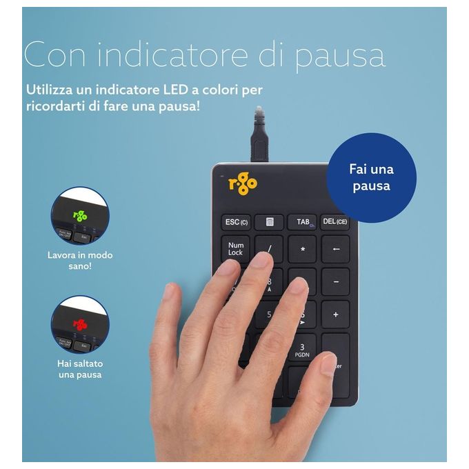 R Go Tools RGOCONMWDBL Tastierino Numerico USB Ergonomico Ultra Sottile con Indicatore di Pausa LED Colore Nero