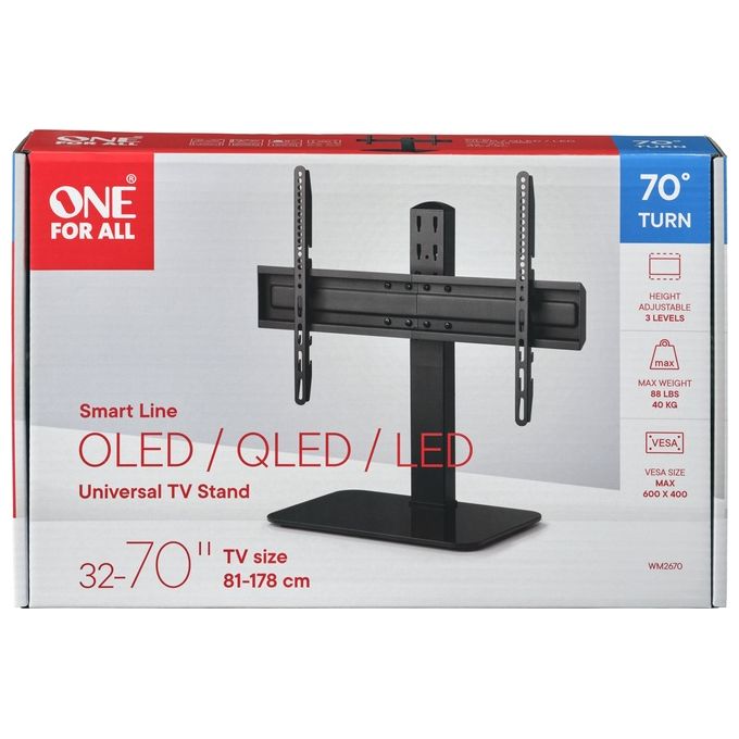 One For All 8716184076527 WM2670 Supporto TV da Tavolo Regolabile in Altezza 5 Posizioni Rotazione 70° VESA 100x100 a 600x400 Peso Massimo 40 Kg colore Nero