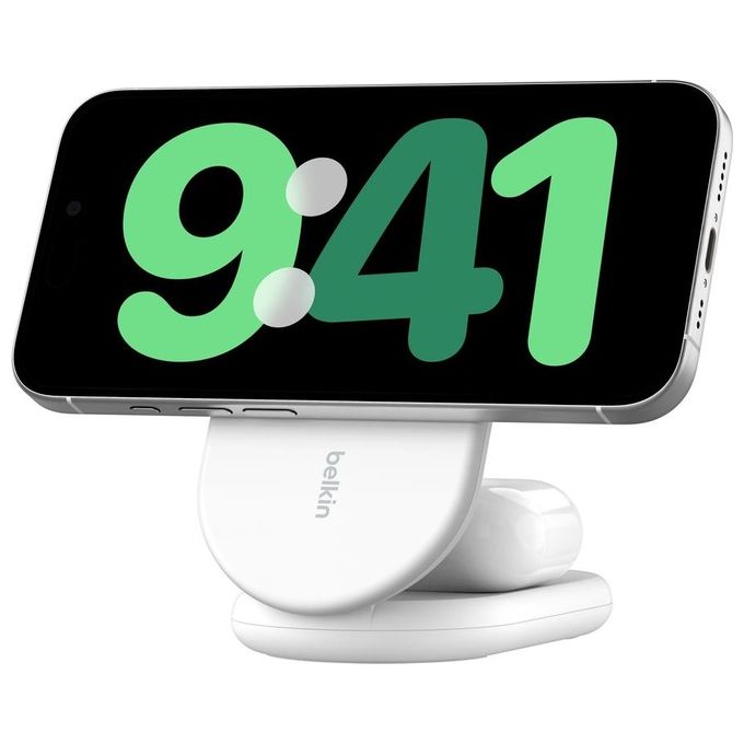 Belkin WIZ028VFWH BoostCharge Supporto di Ricarica Wireless 2-in-1 Qi2 15W con Design Pieghevole e Compatibilita' MagSafe colore Bianco